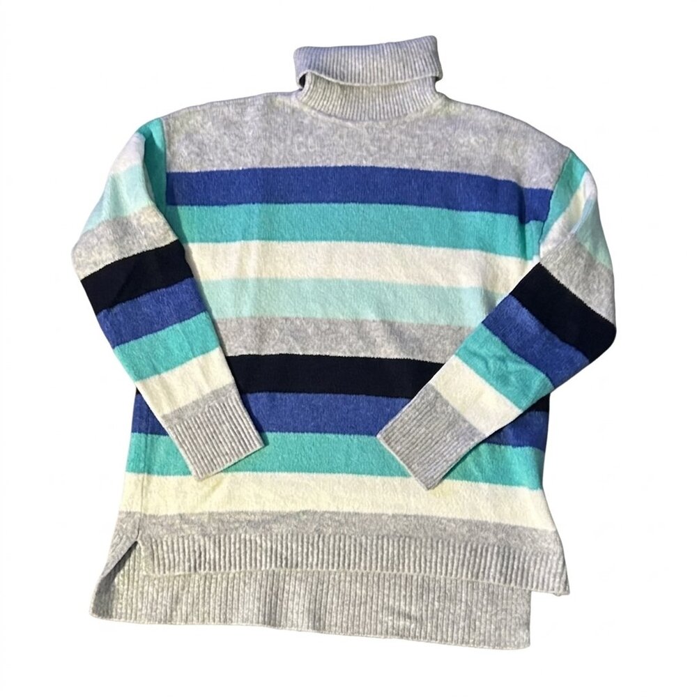 Talbots Striped Turtleneck Sweater in Light Gray and Teal